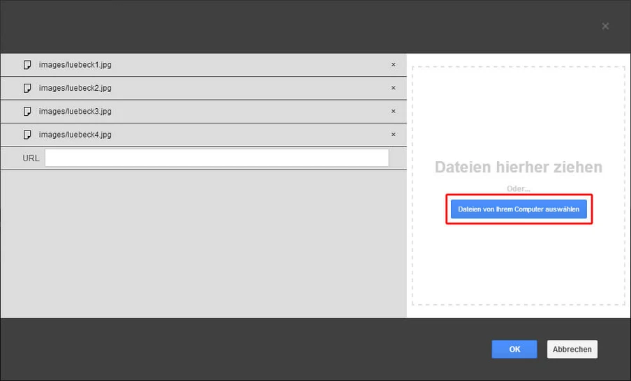 Datei-Upload-Dialog mit vier Dateieinträgen links, Drag‑&‑Drop-Bereich rechts, Button Dateien von Ihrem Computer auswählen.