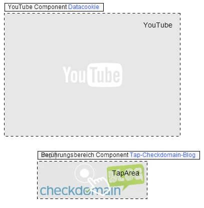 Großes hellgraues Feld mit YouTube-Logo in der Mitte; darunter ein kleines Rechteck mit TapArea- und Checkdomain-Logo.