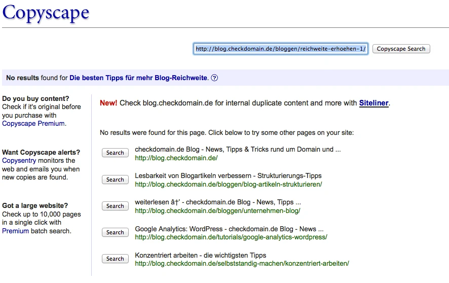 Mit Onlinediensten wie Copyscape könnt Ihr das Netz systematisch nach Plagiaten Eurer texte absuchen. Screenshot: CopyScape