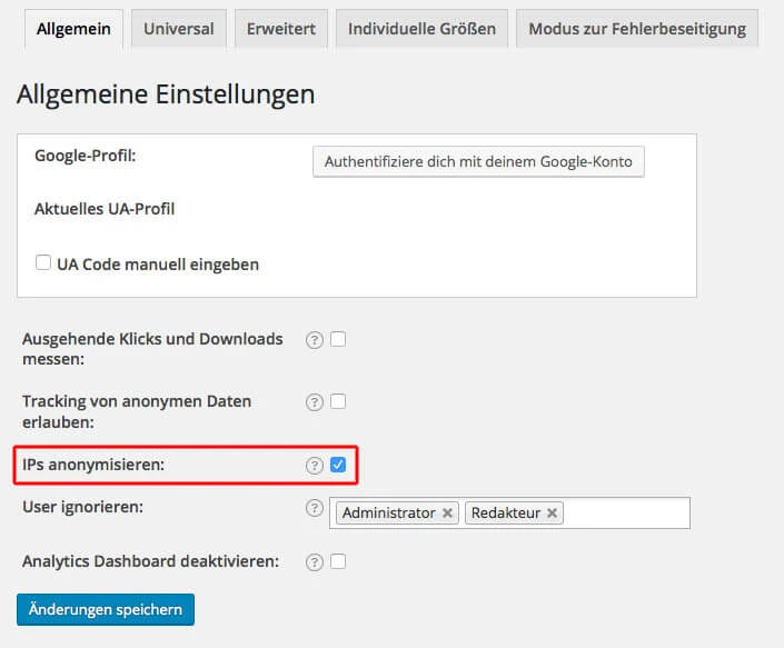 Screenshot einer Einstellungsseite Allgemeine Einstellungen mit aktivierter Checkbox 'IPs anonymisieren'.