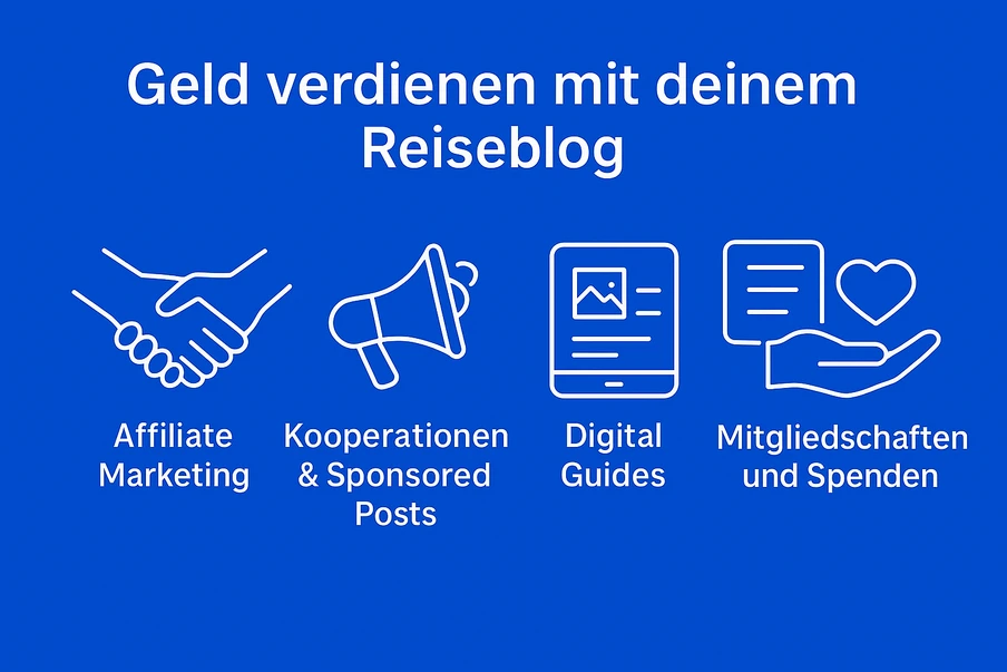 Blauer Hintergrund, weißer Titel 'Geld verdienen mit deinem Reiseblog' und vier Icons.