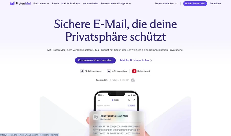 Screenshot der Proton Mail-Website: Überschrift 'Sichere E-Mail' und Smartphone-Darstellung.