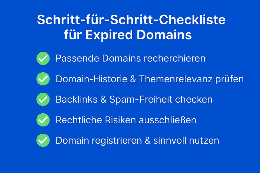 Blaues Bild mit weißer Überschrift Schritt-für-Schritt-Checklist für Expired Domains; fünf Punkte mit grünen Haken.