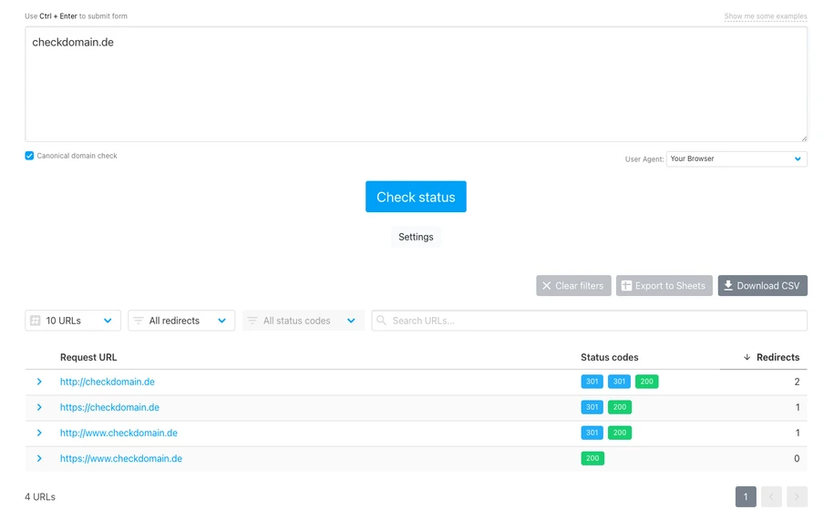 Screenshot einer Domain-Check-App: Eingabefeld (checkdomain.de), blauer Button Check status, Tabelle mit URLs & Statuscodes.