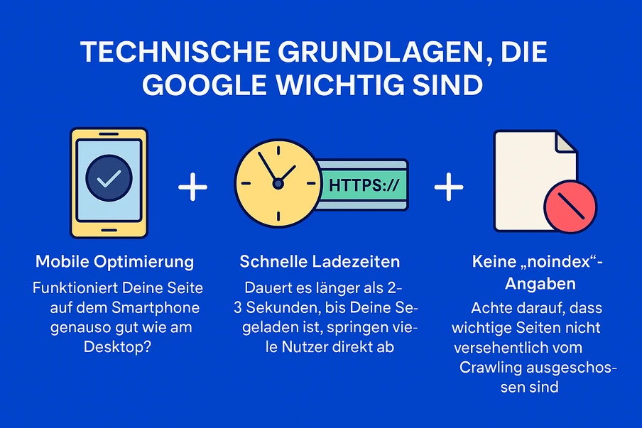 Blauer Hintergrund mit Überschrift; links Smartphone mit Haken, mittig Uhr und Browserfenster, rechts Dokumentensymbol.