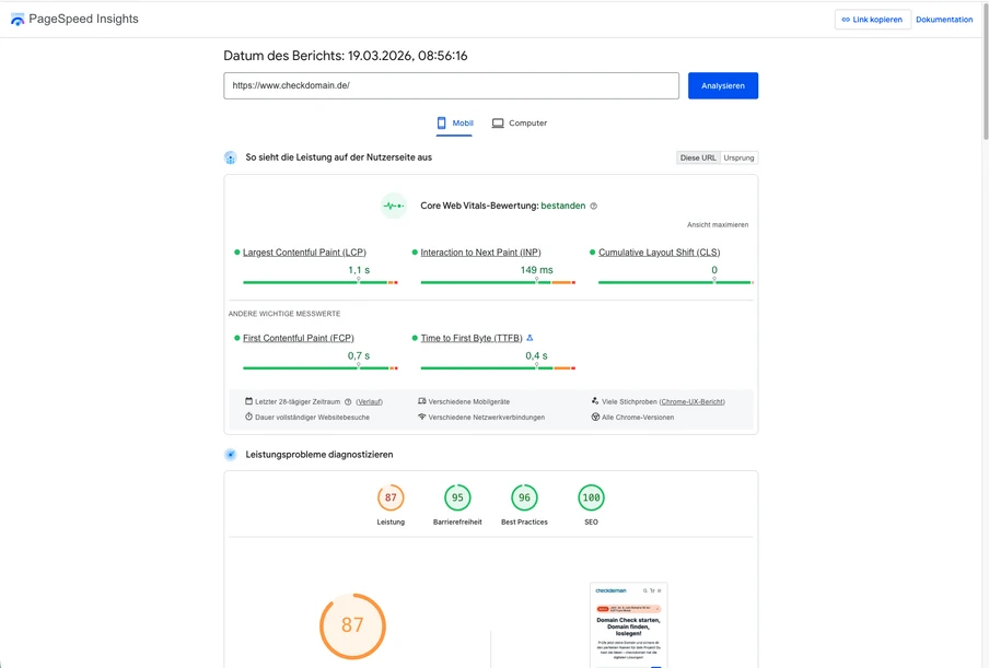 Screenshot der PageSpeed Insights-Seite mit URL-Eingabe, Analysieren-Button sowie Diagrammen und einer orangefarbenen 87-Scoreanzeige.