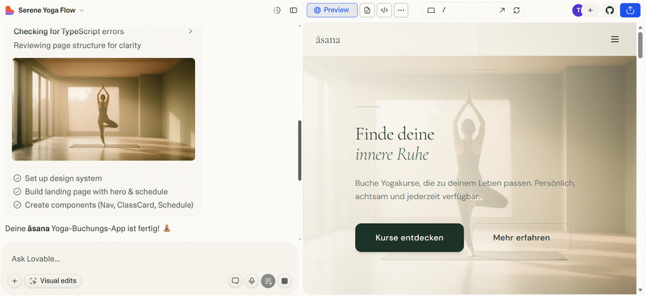Split-Screen einer Yoga-App; links eine Person in Yogapose in hellem Raum, rechts Text 'Finde deine innere Ruhe' mit grünem Button.