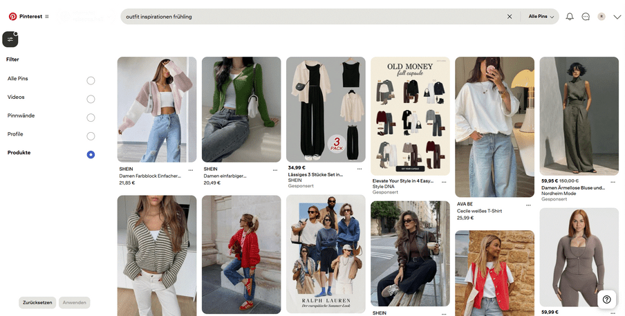Screenshot von Pinterest mit einem Mode-Grid: verschiedene Outfit-Bilder; linke Filterleiste sichtbar.