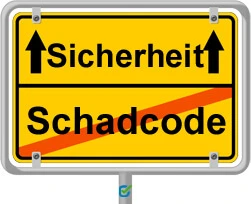 Gelbes Warnschild an Stange: Oben Sicherheit mit Pfeilen, unten Schadcode mit roter Diagonalstrecke über dem Text.