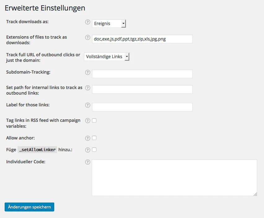 Screenshot der Einstellungsseite 'Erweiterte Einstellungen' mit Feldern, Dropdowns und dem Speichern-Button.