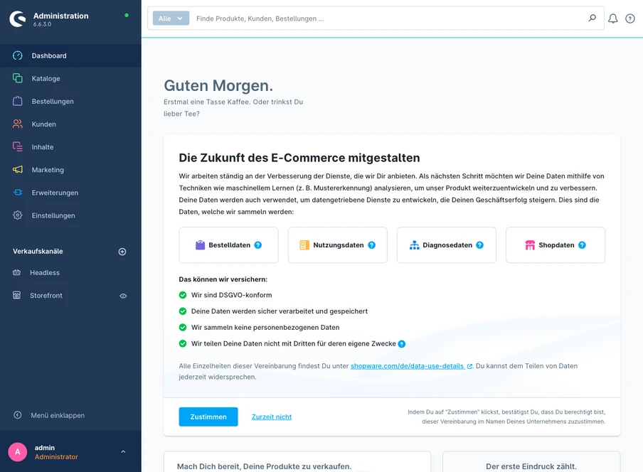 Dashboard-Ansicht mit linker Navigation, Suchleiste oben, Begrüßung Guten Morgen und Karte zur E-Commerce-Zukunft.