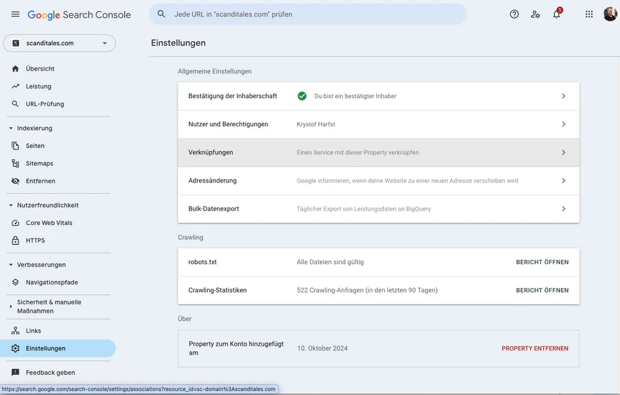 Screenshot der Google Search Console: linke Seitenleiste, Hauptbereich mit 'Allgemeine Einstellungen'.