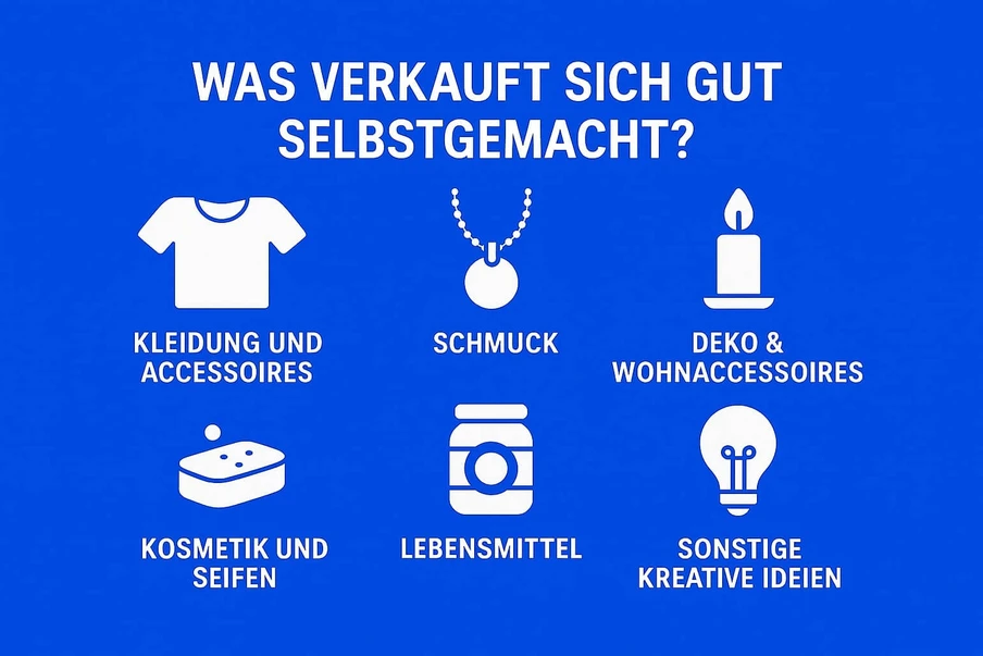 Blauer Hintergrund mit weißem Text und Icons: Kleidung, Schmuck, Deko, Kosmetik, Lebensmittel, kreative Ideen.