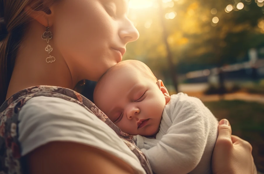 Eine Frau hält ein schlafendes Baby eng an sich, im Hintergrund unscharfer Sonnenschein und Bäume.