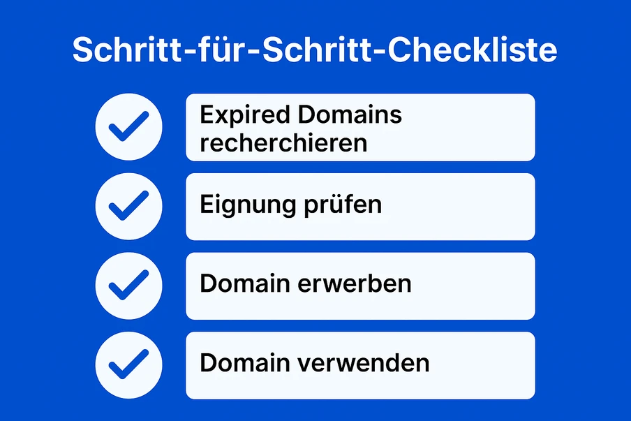 Blauer Hintergrund mit vier weißen, abgerundeten Karten und Haken; Überschrift Schritt-für-Schritt-Checkliste.