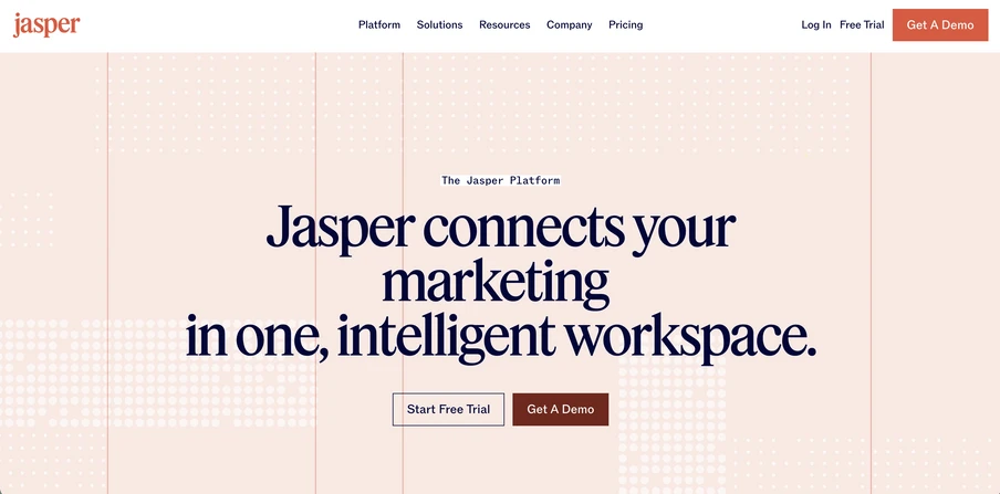 Jasper-Website: Großes Heldenbild mit Überschrift; zwei Buttons Start Free Trial und Get A Demo; heller Hintergrund.