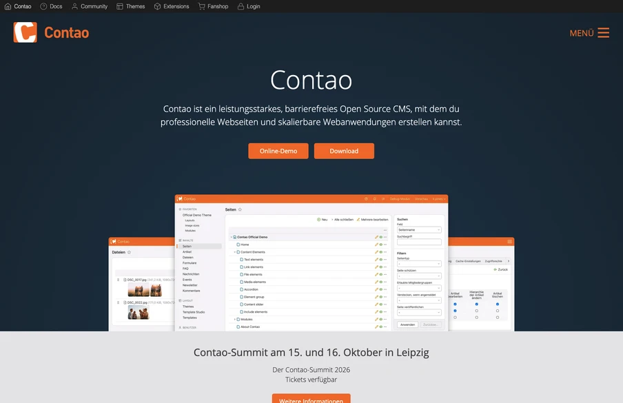 Webseiten-Screenshot: Dunkler Hintergrund, Conta-Logo links, Titel Conta, zwei orange Buttons (Online-Demo, Download), drei Software-Fenster.