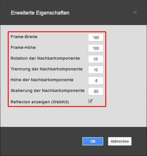 Dialogfenster 'Erweiterte Eigenschaften' mit Feldern: Frame-Breite 180, Frame-Höhe 100, Rotation 50, Trennung 10, Höhe -8, Skalierung -80; Reflexion aktiviert.
