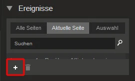 Dunkles UI-Fenster mit Überschrift Ereignisse, Tabs Alle Seiten, Aktuelle Seite, Auswahl, Suchfeld, unten links Plus-Symbol.