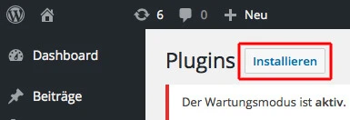WordPress-Adminbereich: linke Seitenleiste mit Dashboard und Beiträge; Hauptbereich zeigt Plugins mit blauem Installieren-Button.