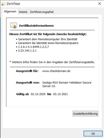 Zertifikatsfenster: Ausgestellt für www.checkdomain.de; Gültig ab 02.10.2020 bis 03.10.2021.