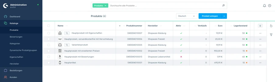 Screenshot eines Administrations-Dashboards mit linkem Menü und Tabellenliste von Produkten.