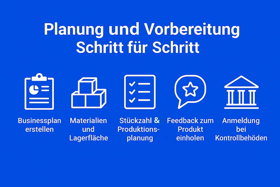 Blauer Hintergrund mit weißem Titel Planung und Vorbereitung Schritt für Schritt und fünf Icons mit Untertiteln.