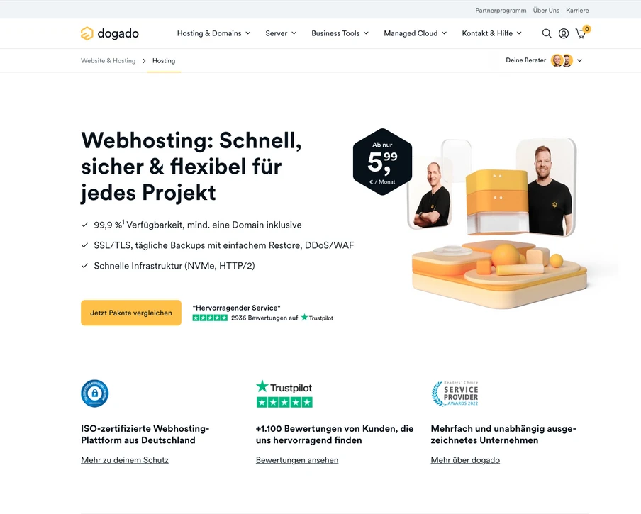 Webseite mit Überschrift Webhosting: Schnell, sicher & flexibel; rechts ein Bild mit gelben Server-Objekten.