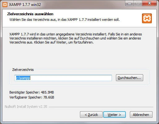 XAMPP-Installationsfenster: Zielverzeichnis auswählen, Pfad c:\xampp, Speicherangaben, Zurück/Weiter/Abbrechen.