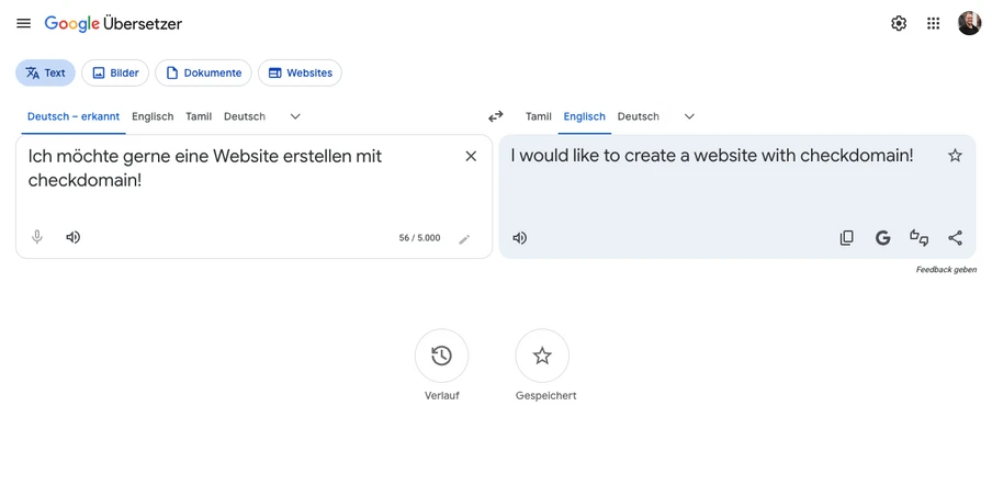 Screenshot von Google Übersetzer: zwei Textfelder nebeneinander, links Deutschtext, rechts Englischtext.