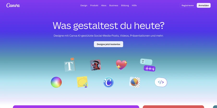 Gradient von lila zu türkis, Canva-Logo oben links; Überschrift Was gestaltest du heute?; schwebende Design-Icons.