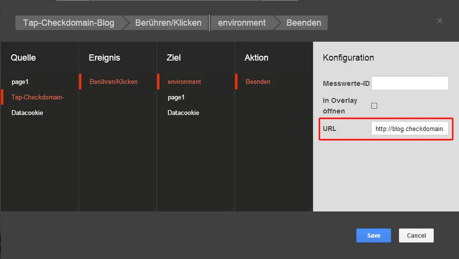 Dunkles UI mit vier Spalten: Quelle, Ereignis, Ziel, Aktion; rechts Konfiguration mit URL-Feld, Save/Cancel.