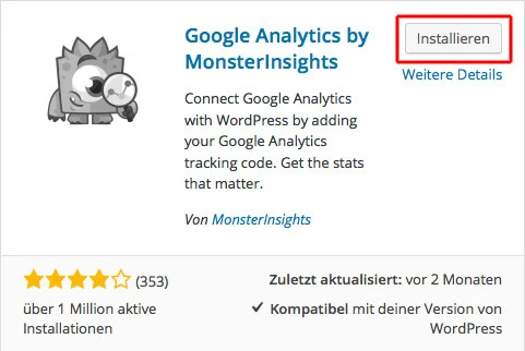 MonsterInsights-Logo links, Titel 'Google Analytics by MonsterInsights', Installieren-Button rechts oben, Weitere Details.