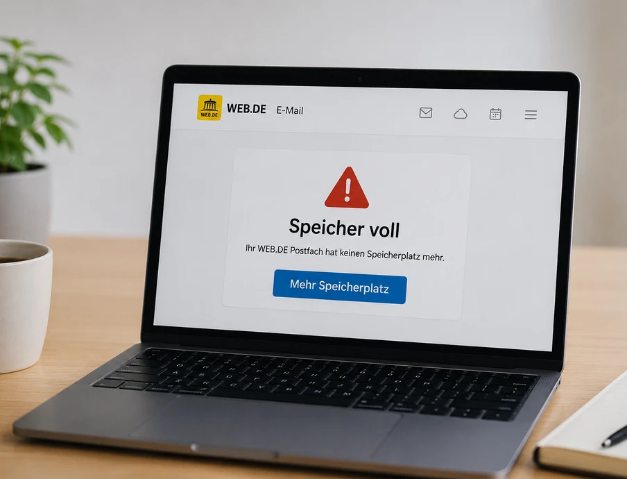 Laptop auf Holztisch; Bildschirm zeigt Warnung Speicher voll mit rotem Dreieck, daneben Pflanze, Tasse und Notizblock.