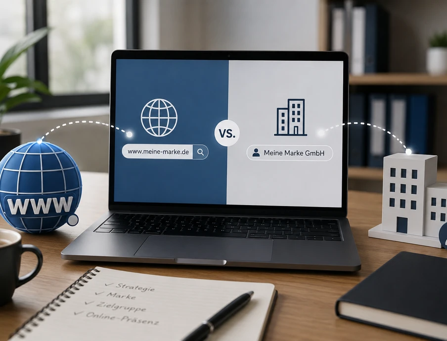 Laptop auf Holztisch, Bildschirm geteilt: links Globus-Icon und Suchleiste; rechts Gebäude-Silhouetten; Notizbuch Tasse Pflanzen.