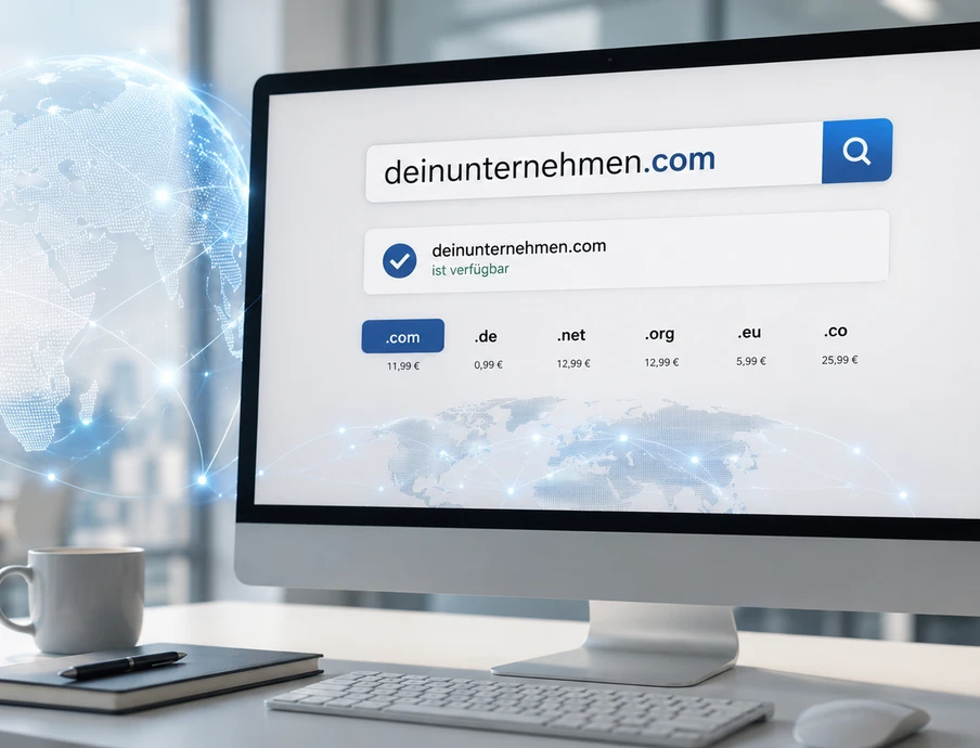 Monitor zeigt Suchseite mit deinunternehmen.com; Globus-Grafik links; Schreibtisch mit Notizbuch, Tasse und Pflanze.
