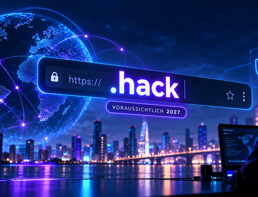 Nachtansicht einer futuristischen Stadt mit Neonlichtern; Globus mit Netzwerkverbindungen links; Browserleiste mit .hack.