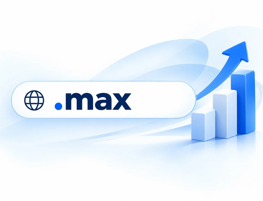 Blau-weiße Grafik: runde weiße Schaltfläche mit .max und Globus-Symbol; rechts steigendes Balkendiagramm mit Pfeil.