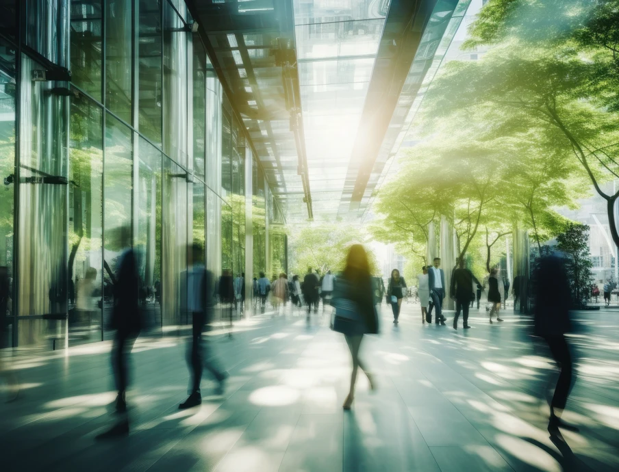 Gläserne Gebäudefassade mit belebter, unscharf wirkender Fußgängerzone; Menschen gehen, Sonnenlicht strahlt durch Glasdach.