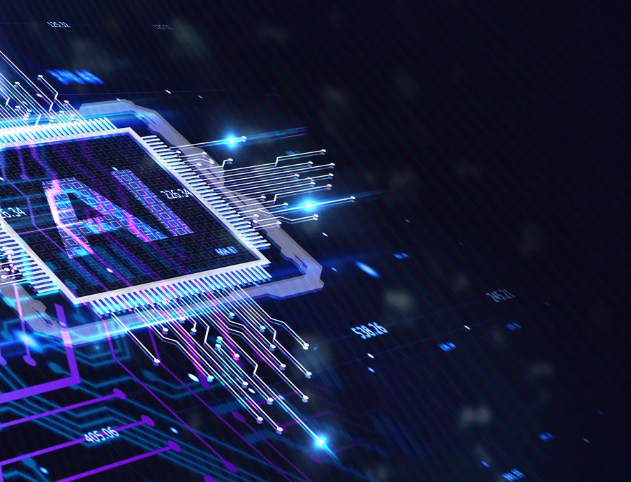 Blaue, leuchtende Leiterbahnen um einen zentralen Mikrochip mit AI-Aufschrift vor dunklem Hintergrund.