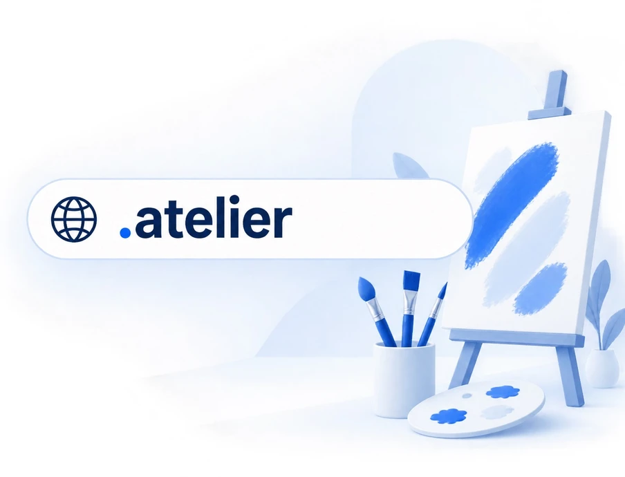 Blau getönte Illustration: Easel mit Leinwand, Pinsel in Becher, Farbpalette; Logo .atelier.