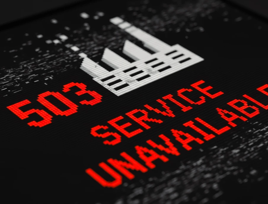 Schwarzer Bildschirm mit rotem Text 503 SERVICE UNAVAILABLE und weißem Fabrik-Symbol, umgeben von weißen Flecken.