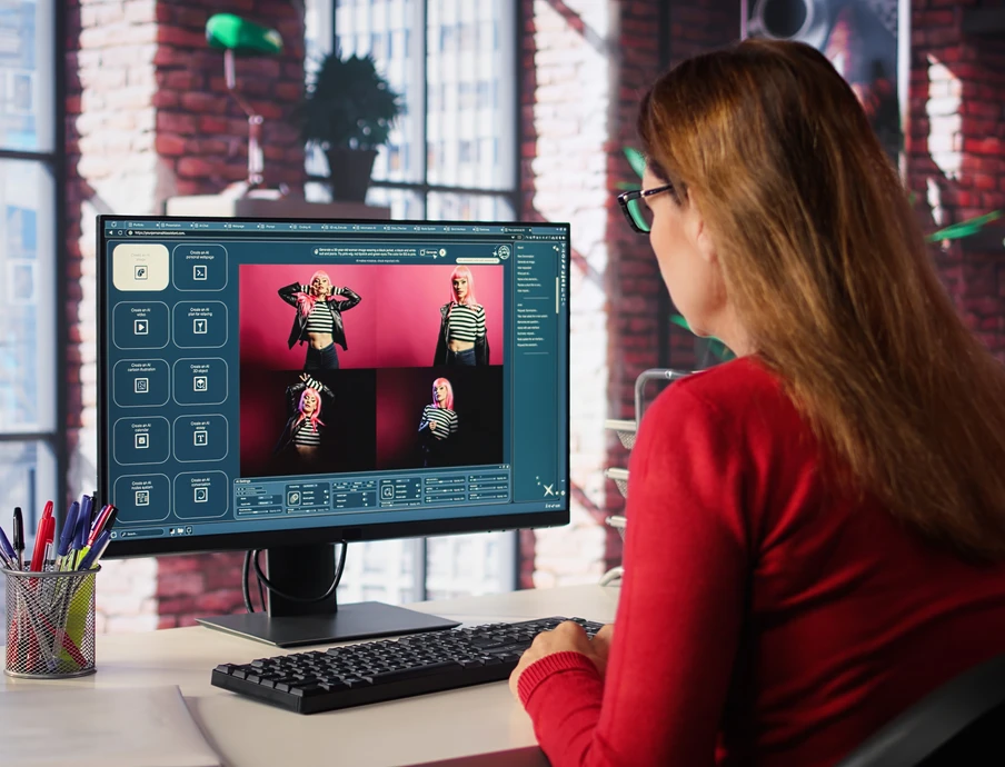Person mit Brille und gelbem Schal sitzt vor Computerbildschirm mit pinker Website; Schreibtisch mit Pflanze und Stiften.