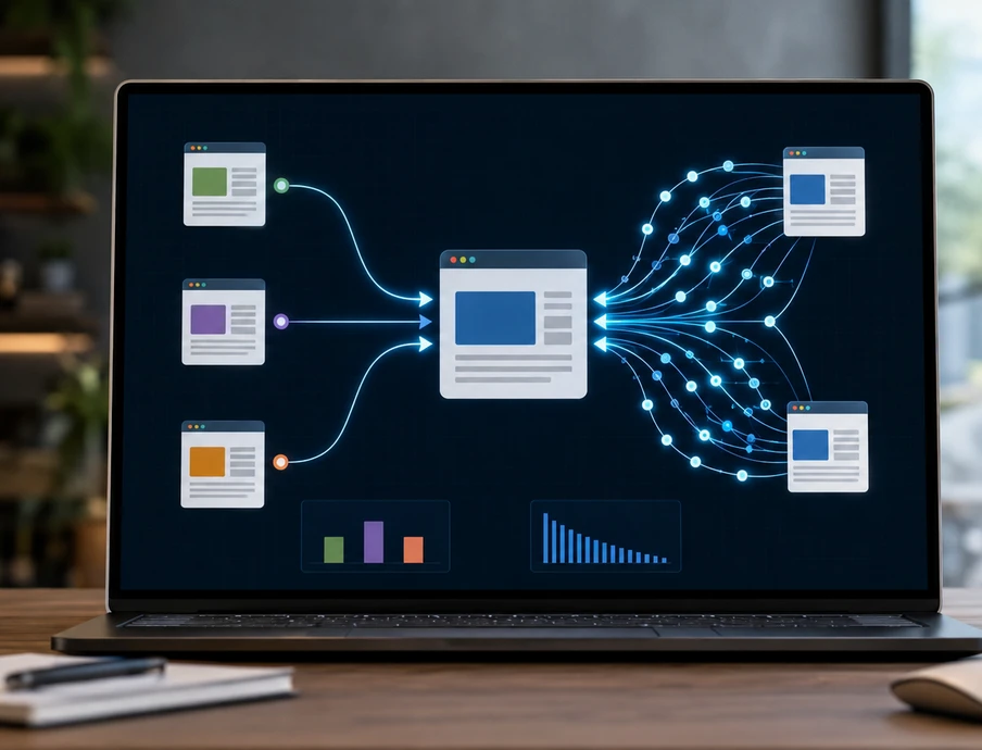 Laptop auf Schreibtisch; Bildschirm zeigt Diagramm aus vernetzten Knoten und Fenster-Icons.