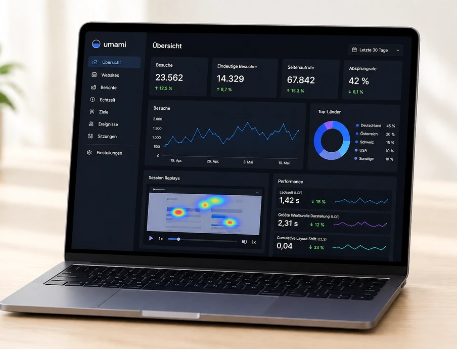 Offenes Laptop-Display zeigt ein dunkles Dashboard mit Diagrammen; Pflanze links im Hintergrund auf Holzschreibtisch.