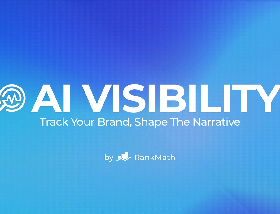Blauer Hintergrund mit großem weißen Logo 'AI VISIBILITY' und Unterzeile sowie 'by RankMath'.