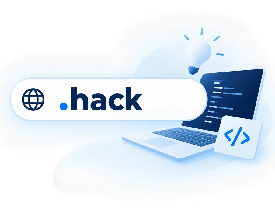 Weiße Wolke mit Laptop, Codeanzeige auf dem Bildschirm; abgerundete weiße Leiste mit '.hack' und Globus-Symbol links.