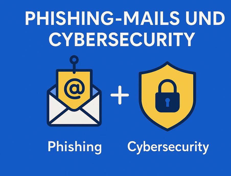 Blauer Hintergrund; Text 'PHISHING-MAILS UND CYBERSECURITY'; links Briefumschlag mit @, rechts Schild mit Schloss.