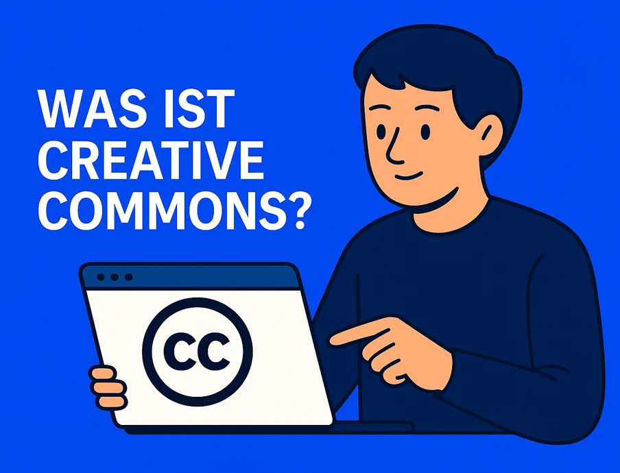 Cartoonfigur mit dunklem Haar sitzt vor Laptop mit CC-Logo; blauer Hintergrund, Text WAS IST CREATIVE COMMONS? links.