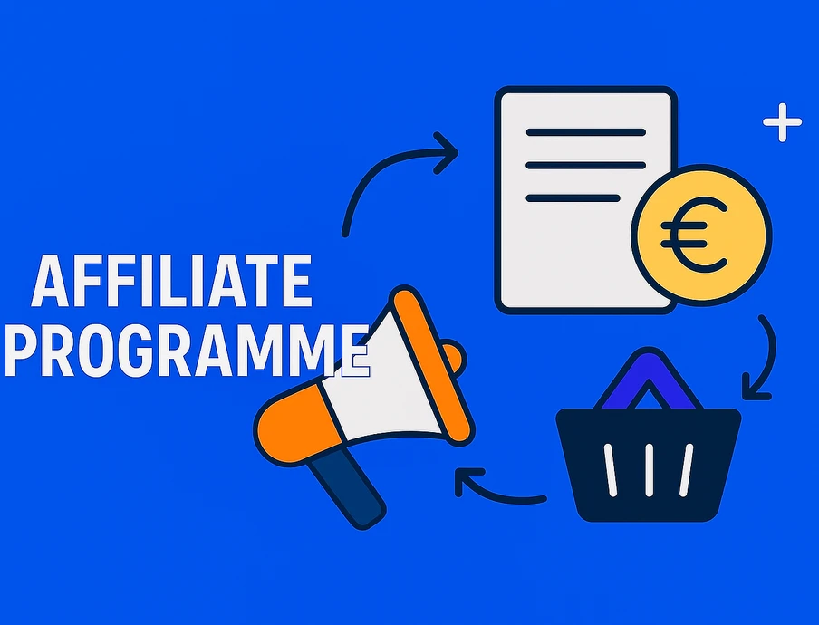 Blauer Hintergrund mit AFFILIATE PROGRAMME, Megaphon, Dokument mit €-Symbol, Einkaufskorb und Pfeile im Kreis.